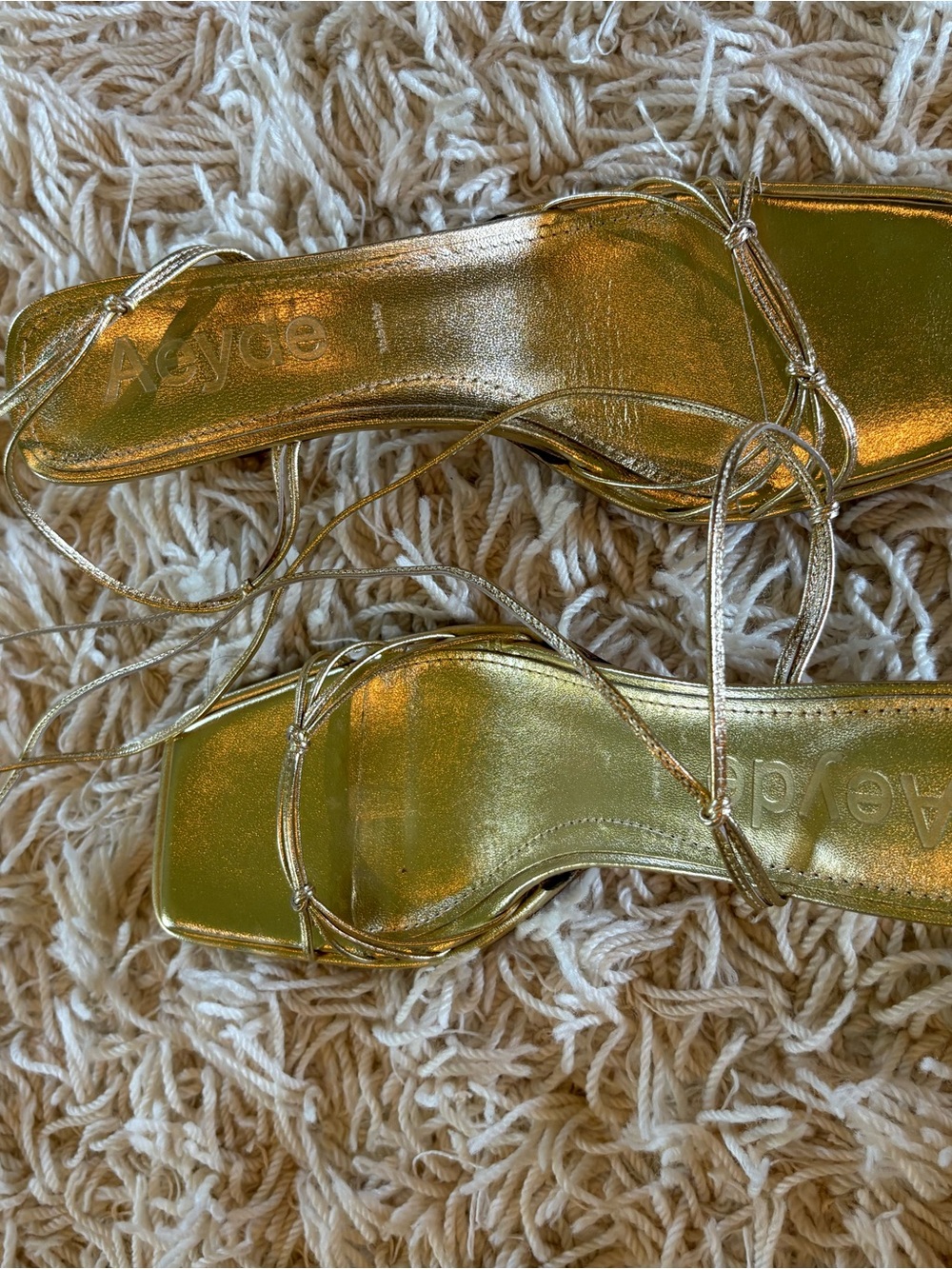 UNWORN Aeyde Metallic Gold Strappy Square-Toe Sandals